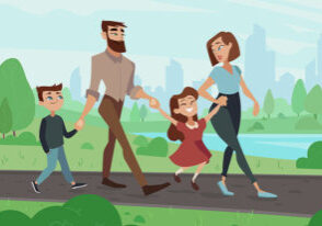 Happy cartoon father, mother, brother and sister at summer park on weekend. Young couple with kids walks outdoor together, family lifestyle vector illustration